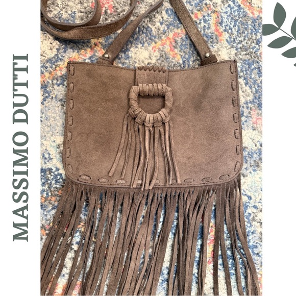 Massimo Dutti Brown Suede Fringe Crossbody Bag | Zip Closure | Adjustable Strap - Picture 4 of 10